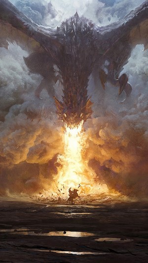 Dragon breathing fire on a knight on horseback