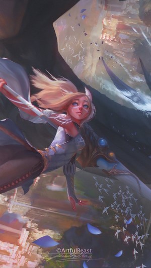 Girl with blonde hair flying on a dragon