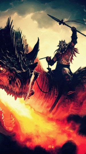 Warrior riding a dragon breathing fire