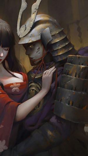 Samurai warrior with a woman in a kimono