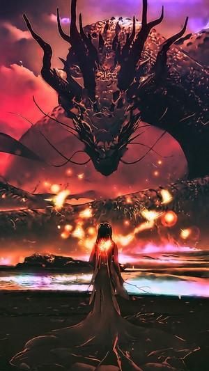 A girl faces a giant dragon in a fiery landscape