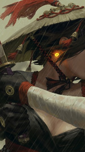 Samurai girl with glowing eye in the rain