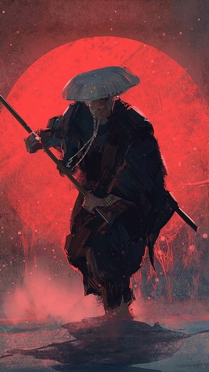 Samurai warrior with a large red sun behind