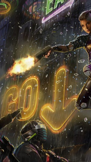 Cyberpunk woman firing gun in rainy neon city