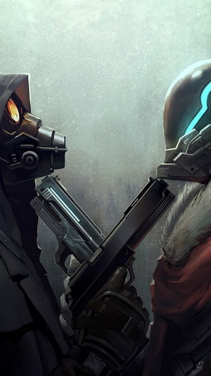 Two soldiers in futuristic armor holding pistols