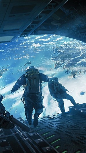 Soldiers skydiving over Earth