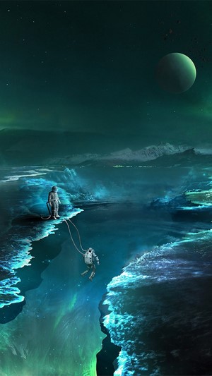 Astronauts exploring an alien planet with a large moon