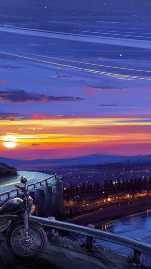 Motorcycle on cliff overlooking city at sunset