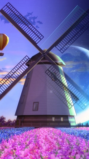 Windmill in a field of flowers under a moonlit sky