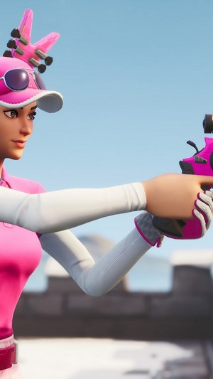 Birdie from Fortnite holding a pink weapon