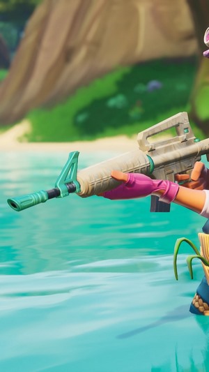 Fortnite character holding a rifle near water