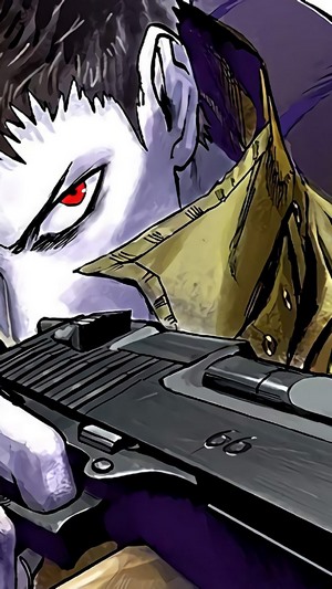 Zombieman from One Punch Man holding a gun