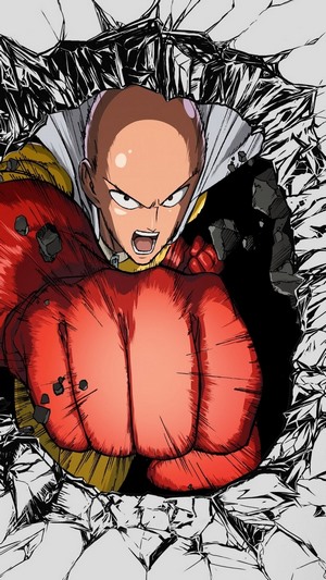Saitama from One Punch Man breaking through a wall