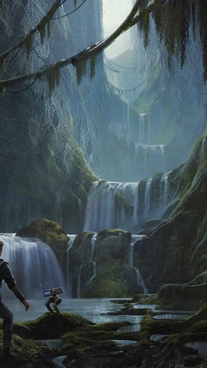 BD-1 and Cal Kestis in a jungle waterfall cave