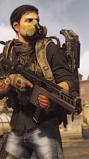 Man with gas mask and rifle in The Division