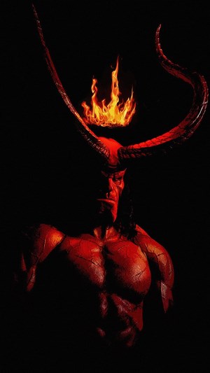 Hellboy with horns and fire