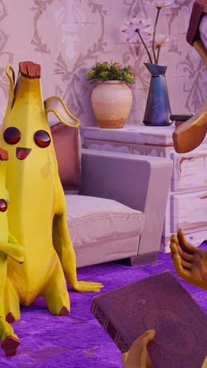 Peely from Fortnite in a room with a book