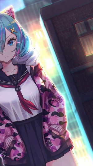 Anime girl in school uniform with pink camouflage jacket