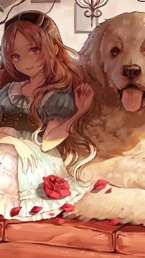 Anime girl with golden retriever dog