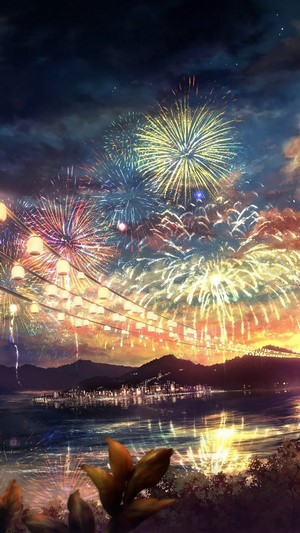 Anime fireworks festival over a town by the water