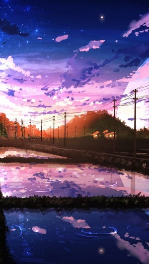 Beautiful Sunrise Clouds Scenery Paddy Field Anime