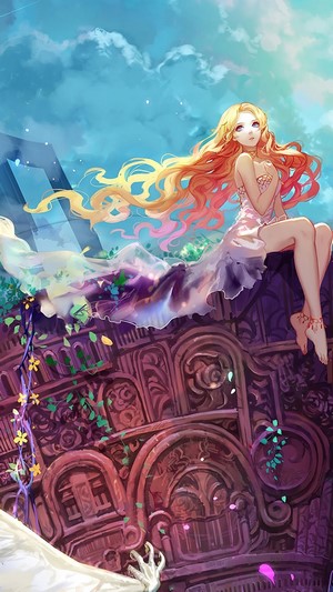 Anime girl with blonde hair sitting on ruins