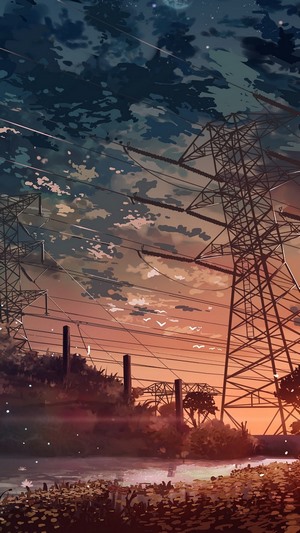 Anime power lines at sunset