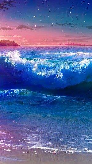Anime Beach Sunset with Waves