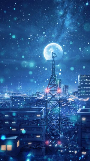 Anime girl on tower under moon and stars