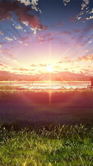 Anime Sunrise Over Rural Landscape with Mountains