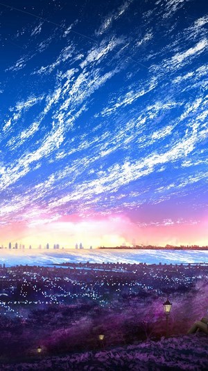Anime city skyline at sunset with dramatic clouds