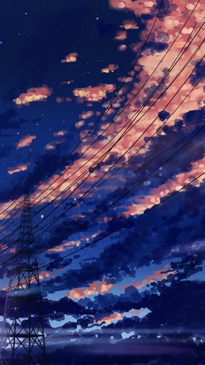 Anime sky with clouds and power lines