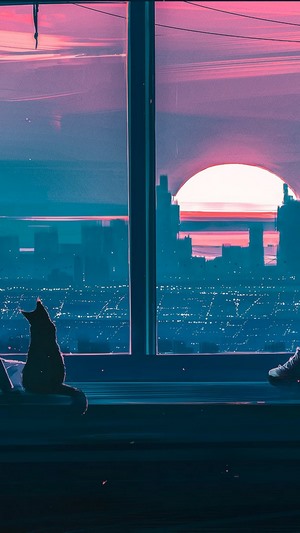 Anime cat and person watching sunset over city