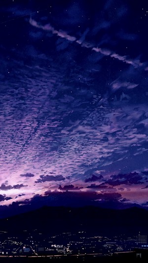 Anime city skyline at twilight with purple clouds