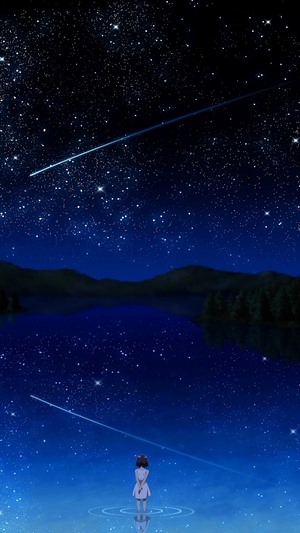 Anime girl watching a shooting star over a lake at night