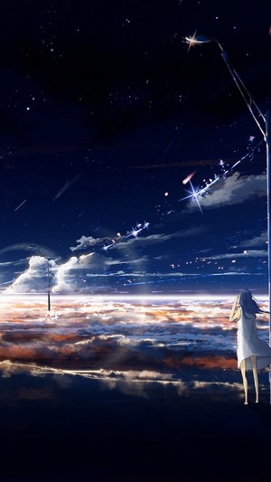 Anime girl watching shooting stars over clouds at night