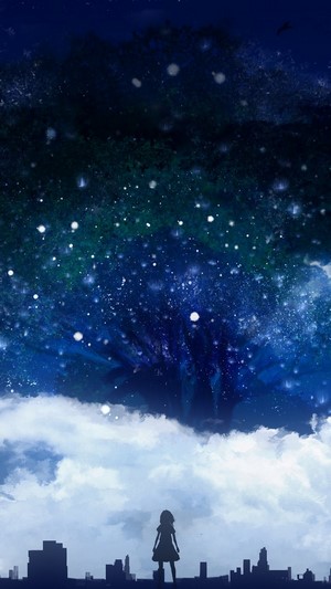 Anime girl looking at starry sky over city
