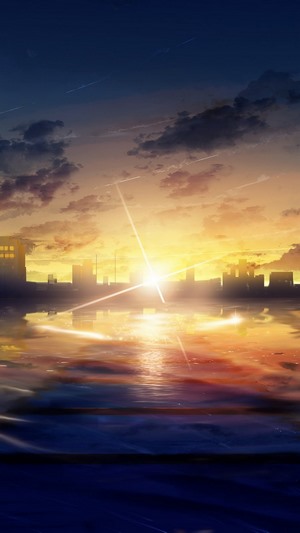 Anime city skyline at sunrise reflected in water