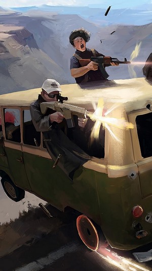 Players shooting from a moving minibus in PlayerUnknown's Battlegrounds