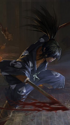 Hyakkimaru fighting with a bloody sword