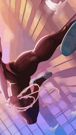 Spider-Gwen swinging through a city