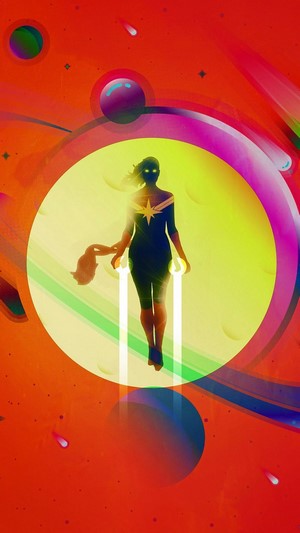 Captain Marvel in a colorful cosmic scene