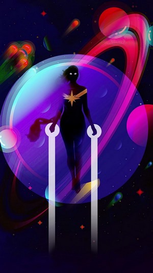 Captain Marvel in a colorful galaxy