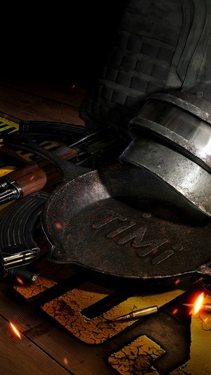 PUBG weapons, helmet, and frying pan