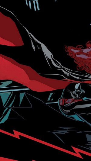 Batwoman in a dark setting with red accents