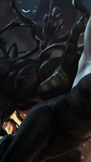 Miles Morales, Spider-Gwen, and Silk fighting Venom