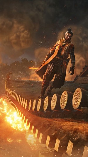 Wolf from Sekiro: Shadows Die Twice on a burning rooftop