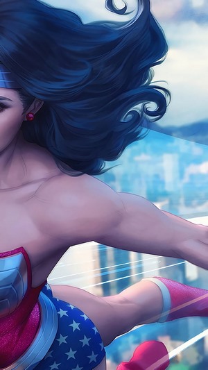 Wonder Woman flying over a city