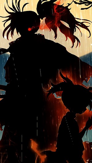 Dororo and Hyakkimaru silhouettes in rain