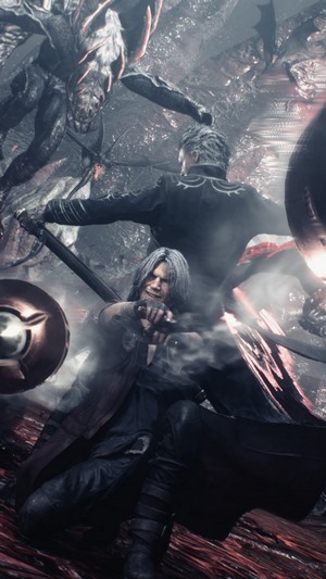 Dante and Vergil fighting demons in Devil May Cry 5